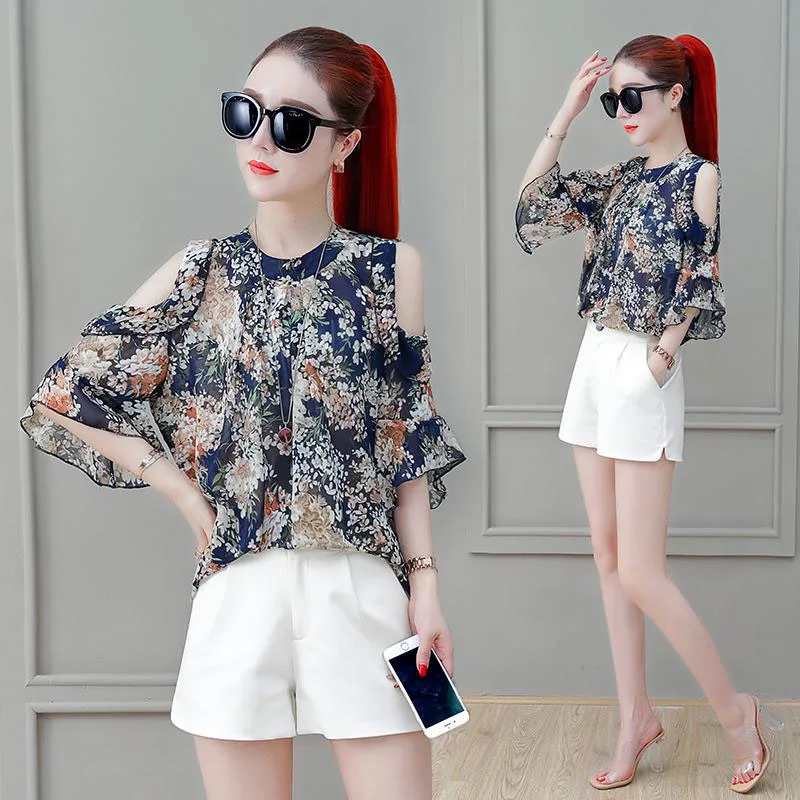 

Off Shoulder Summer Chiffon Blouses Shirts Lady Casual Ruffles Decor Flower Printed Stand Collar Blusas Tops