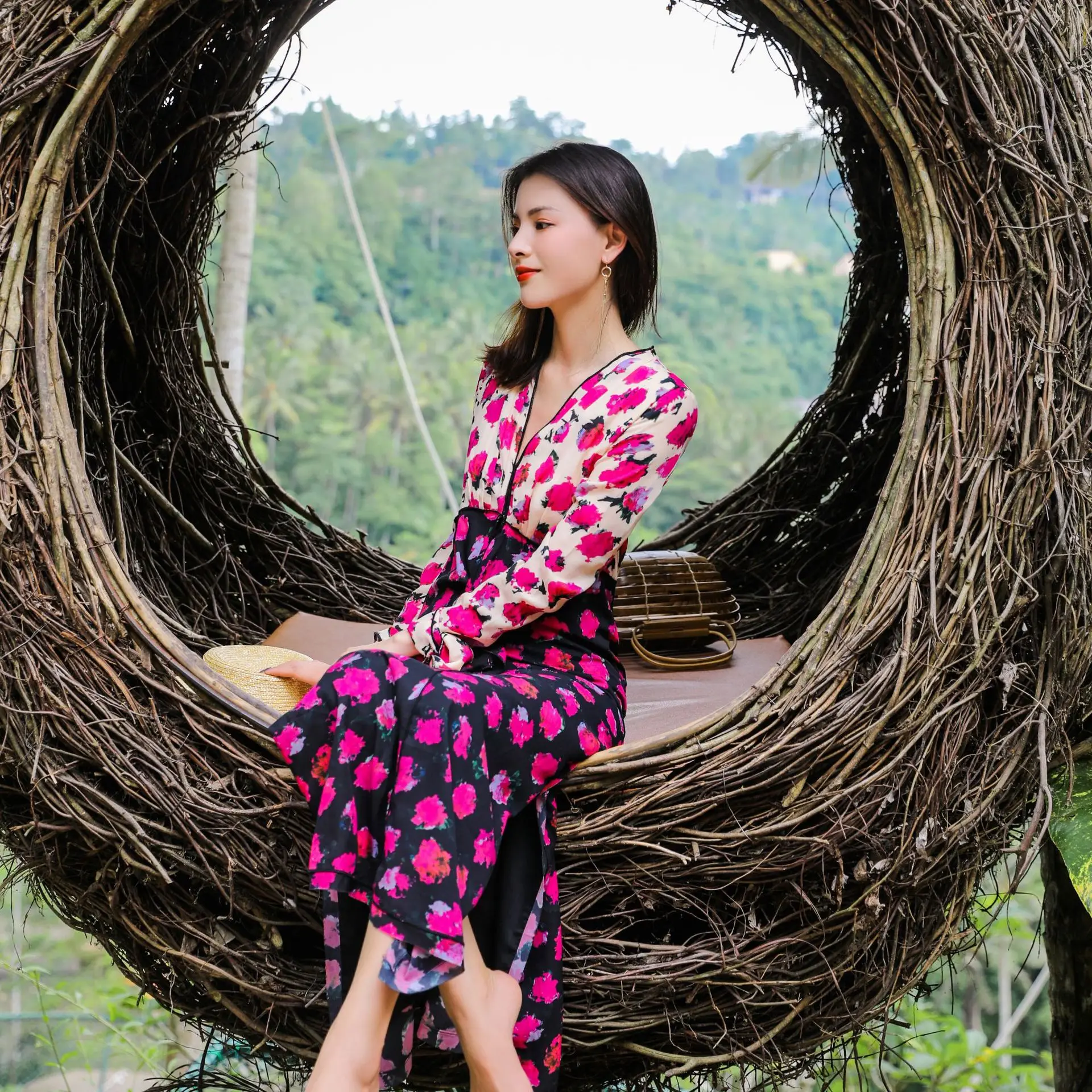 

Spring Autumn Women's Flowers Print Ankle-Length Dress Ladies Split Sexy Beach Long Dresses V-neck Beach Style Luxury Dresses