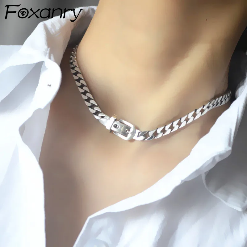 

FOXANRY Stamp Thick Chain Necklace 2021 Trendy Hip Hop Punk Vintage Couple Unique Belt Buckle Design Party Jewelry