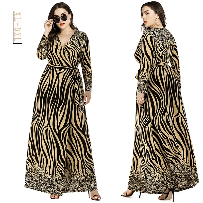 

2021 New Leopard Stripe Long Sleeve Dress Autumn Hot Selling Streetwear Fashion V-Neck Plus Size Printed Wrap Maxi Dress Elegant