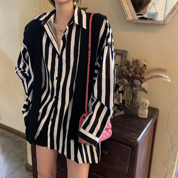 

Casual Style Vintage Long Sleeve Loose Shirts Striped Spring Autumn Blouses Fashion Brand Women's Clothing Oversize Tops New