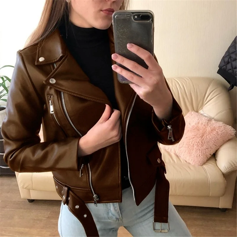 2021 Women Casual Zipper Motorcycle Long Sleeve Slim Coats Faux Leather Jackets Winter Oversized Punk Fashion Brown Streetwear