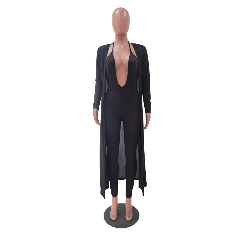 

Sexy Two Piece Set Club Vacation Outfits for Women Halter Deep V Neck Jumpsuit + Long Sleeve Cardigan Coat Matching Sets