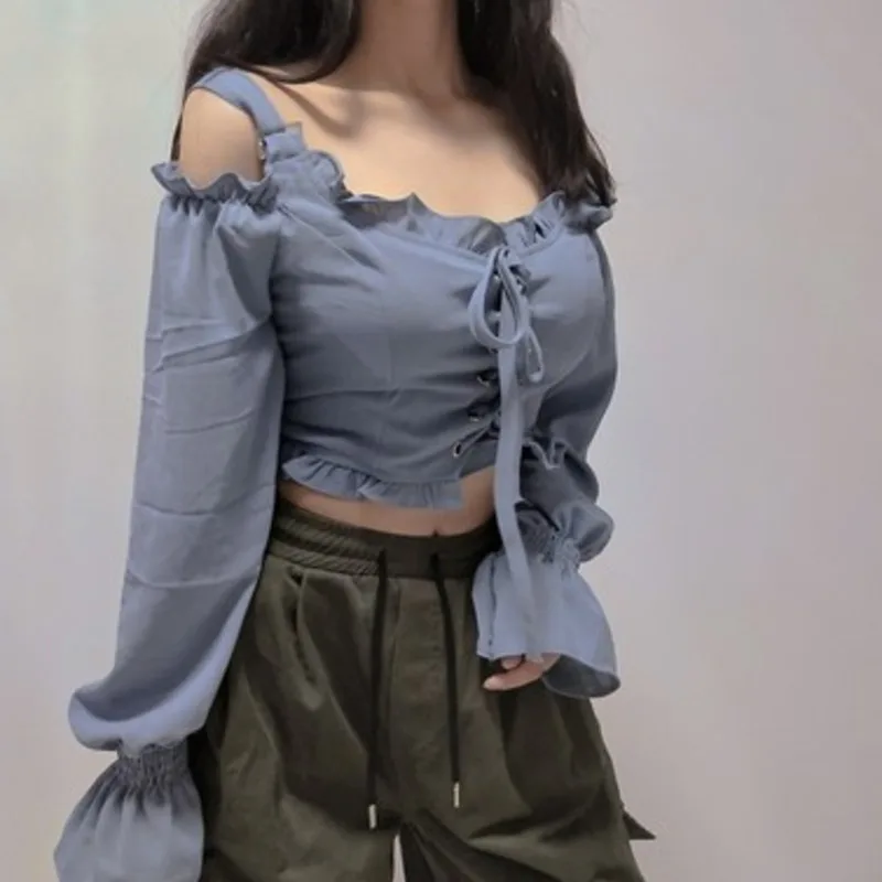 

Женский летний сексуальный однотонный короткий топ с открытыми плечами и воротником-лодочкой с длинным рукавом регулируемый Топ с оборкам...