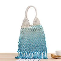 gradient color shoulder woven trendy women straw handmade cotton string net pocket beach bag