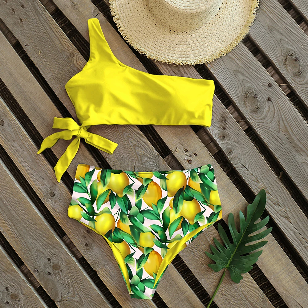 Sexy Bikinis Women 2021 New One Shoulder Swimwear High Waist Swimsuit Bandage Bathing Suits Beach Wear Biquini Female