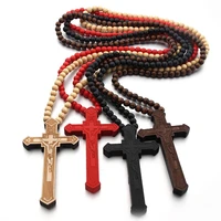 wooden bead cross pendant necklace 4 colors long sweater chain crucifix necklaces for women hip hop jewelry drop shipping