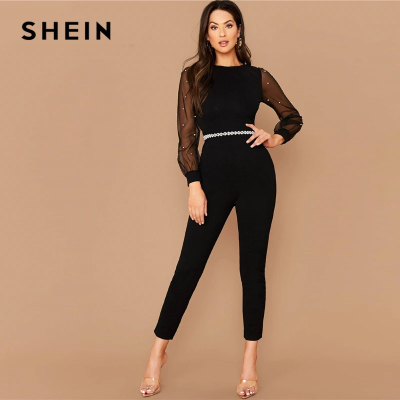 

SHEIN Black Pearls Mesh Sleeve Form Fitted Jumpsuit Without Belt Women Spring O-Neck High Waist Carrot Cropped Elegant Jumpsuits