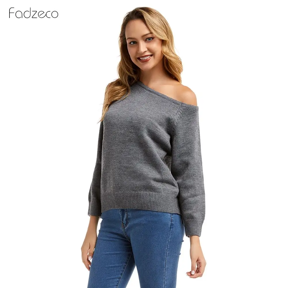 FADZECO 2019 Autumn Winter Women's Knitted Sweater Off Shoulder Pullovers Long Sleeve Female Jumper Gray Sexy Clothes | Женская