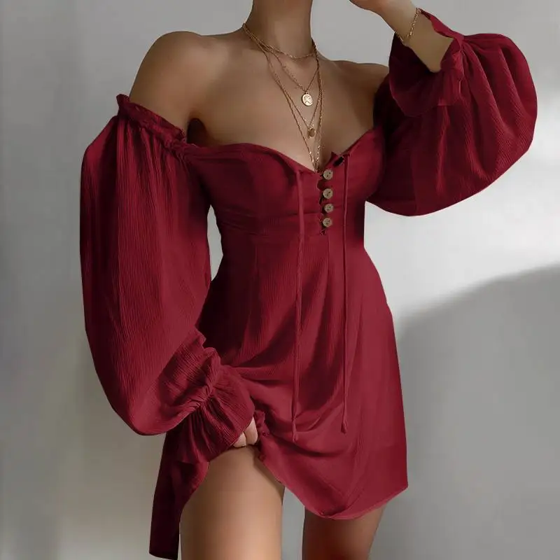 

2021 Summer Ruffle Mini Vestidos Casual Solid Puff Sleeve Sundress Lady Party Robe Oversize Women Off Shouder Dresses