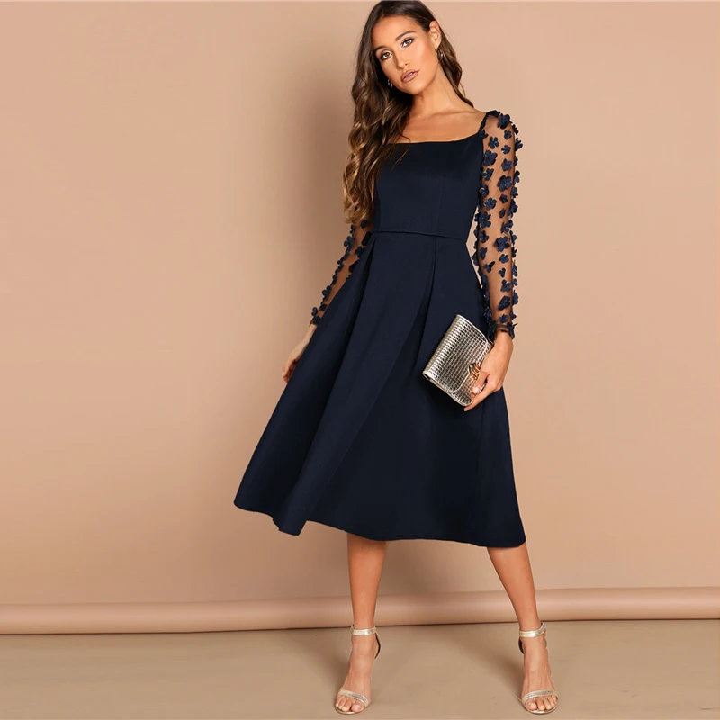 SHEIN Night Out Contrast Mesh Appliques Pleated Square Neck Knee Length Dress Autumn Modern Lady Workwear Women Dresses