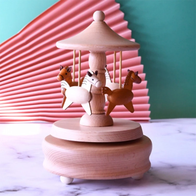 

Romantic Carousel Wooden Music Box Rotating Handcraft Collection Home Decoration