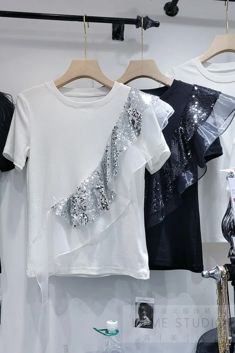 

2021 Summer New Fashion Beaded Gauze Stitching Sequined Tee All-match Ruffled Short Sleeves T-shirt Women's Casual Loose Top