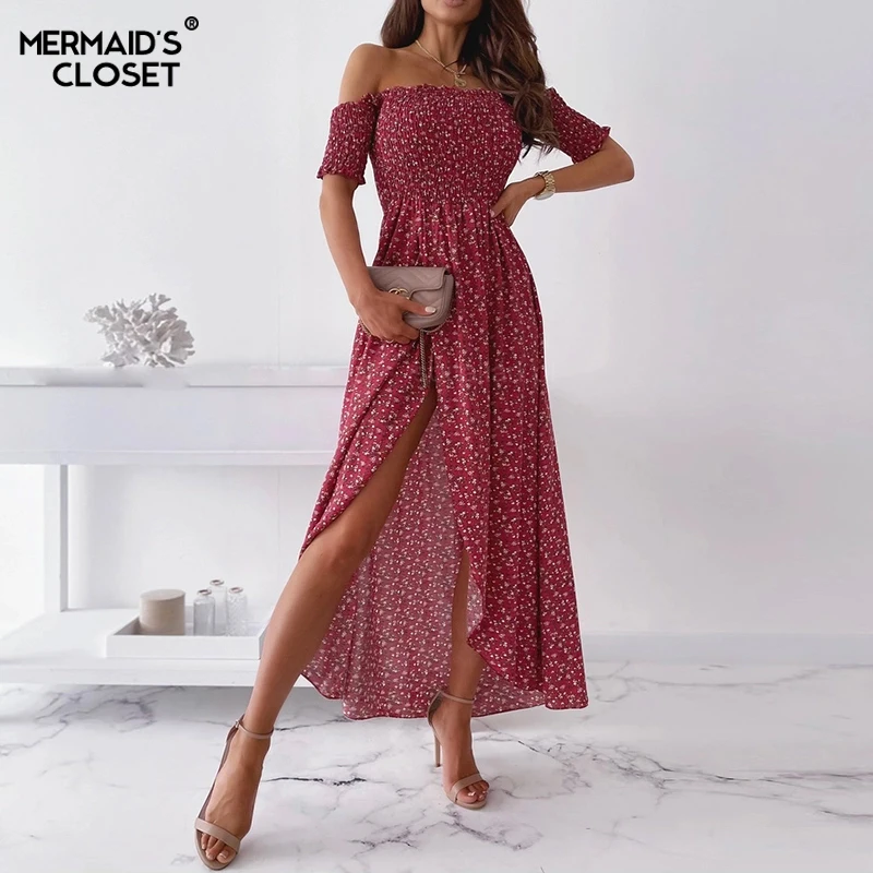 

Women Summer Floral Long Off Shoulder Dress Boho 2021 Stretch Split Print Dress Irregular Female Elegant A Line Party Vestidos