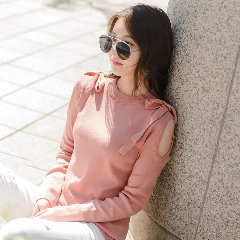

Autumn and winter 2021 new small sexy off shoulder long sleeve T-shirt double shoulder bow slim Korean version 3021-1