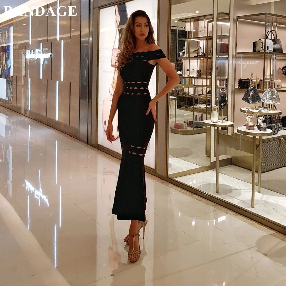 Женское длинное Бандажное платье русалка черное облегающее с открытыми плечами