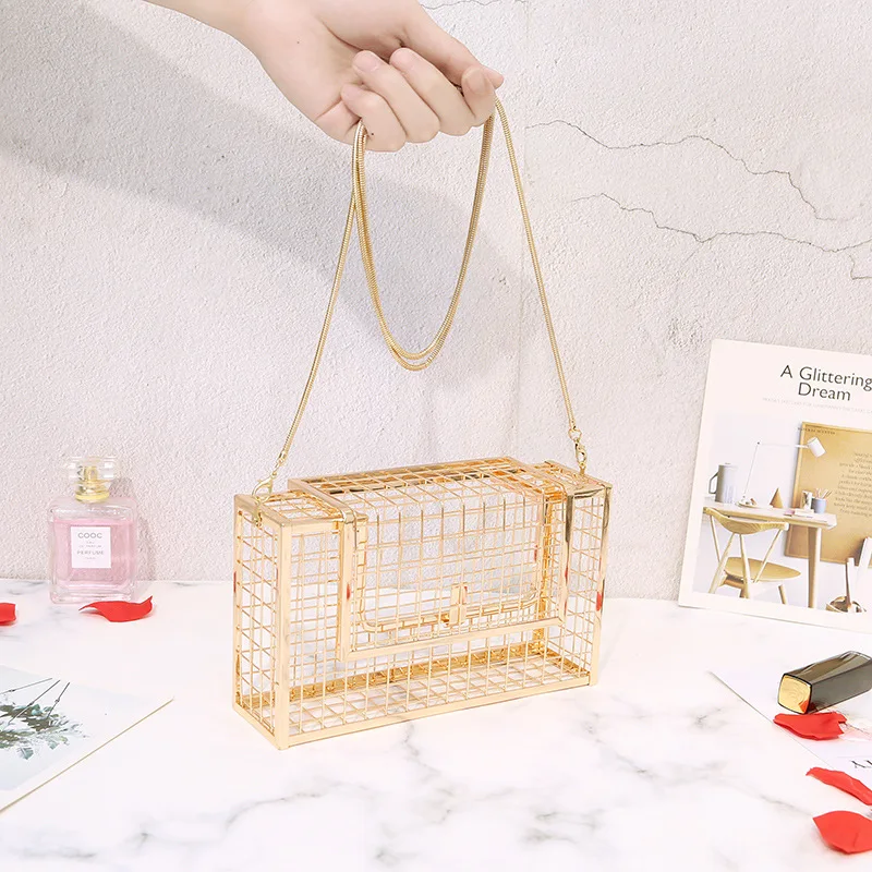 

Metal Hollow Shoulder Bag Iron Mesh Clutch Chain Messenger Bag Rose Gold Design Dinner Bag Banquet Evening Bag Women's Handbag