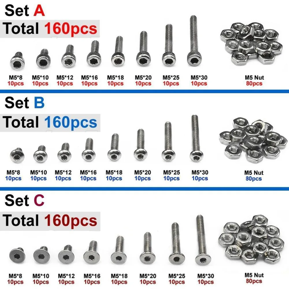 

Hot selling 160pcs M5(5mm) A2 SS Allen Bolts With Hex Nuts Screws Assortment Kit