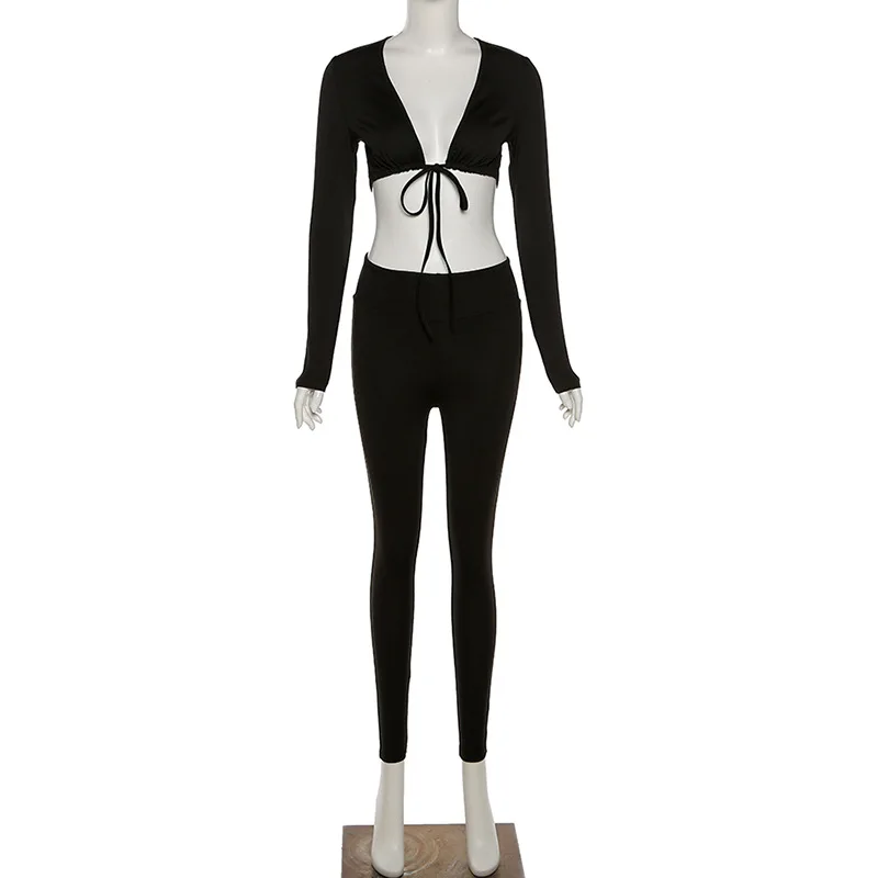 

2021 Autumn Casaul Women Two Piece Set Bandage Shirt And Long Pants Solid Color Streetwear Tracksuit Outfit