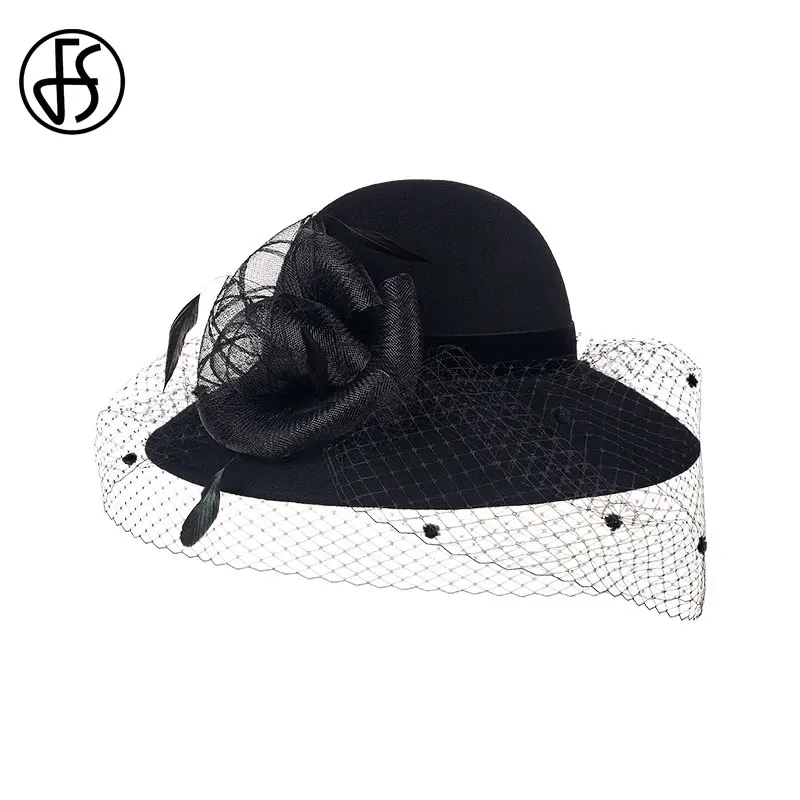 Женская фетровая шляпа FS шерстяная с вуалью черного цвета для вечеринок на