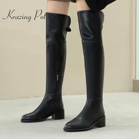 krazing pot handmade high quality real leather round toe high heels young lady winter warm streetwear over the knee boots l92