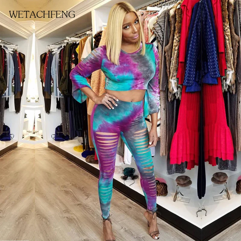 

Модный женский спортивный костюм из 2 предметов с дырками и галстуком-краской для фитнеса 2020, летний сексуальный спортивный костюм для бега,...