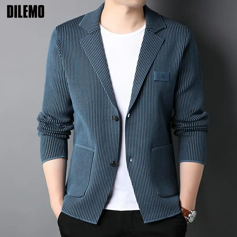 Top Grade New Brand Fashion Slim Fit Blazer Jacket Smart Elegant Stylish Knitted Suit Striped Men Coat Casual Mens Clothes 2022
