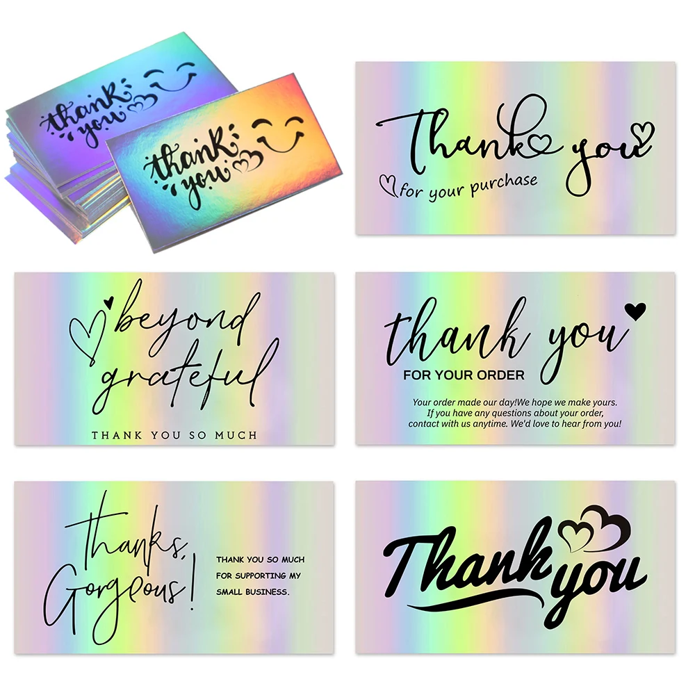 

50pcs/pack laser thank you card for supporting business package decoration holographic card 6 styles Rainbow smile face card