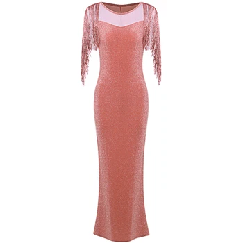 Vacation Tassel Elegant Womens Maxi Summer Dresses Slim Hip Fishtail Tunic Women Long Dress Casual Sequins Sexy Women Clothing - Color: Gold