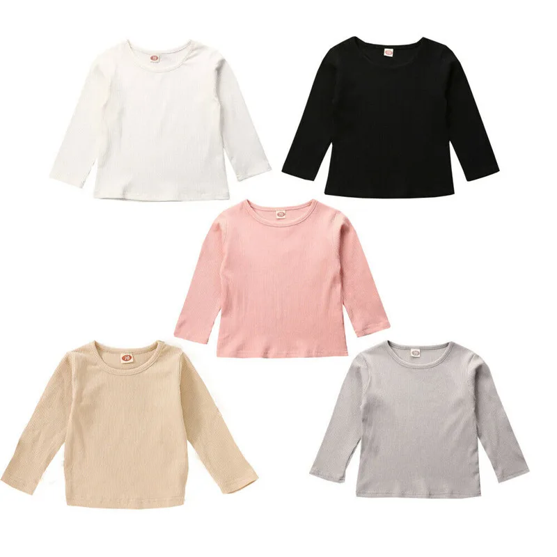 

Boys Girls Children Pure Color T Shirts Autumn Newbron Knitted Long Sleeve Cotton Round Neck T-shirts Tees Tops Baby Boy Clothes