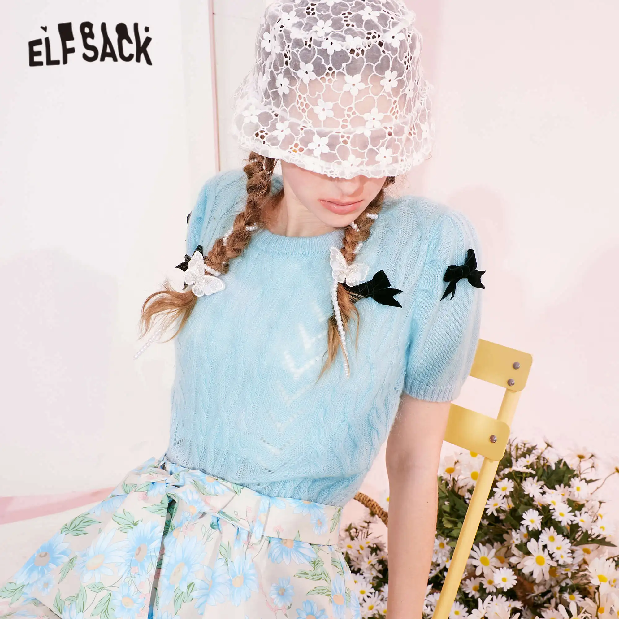 ELFSACK Solid Bows Applique Women Casual Knit Pullover Sweaters,2021 Summer Vintage Minimalist,Casual Girly Daily Sweet Top