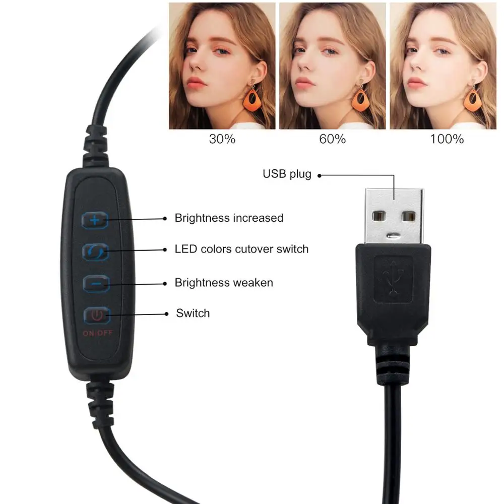 Приглушаемая светодиодная кольцевая лампа с питанием от USB для селфи макияжа