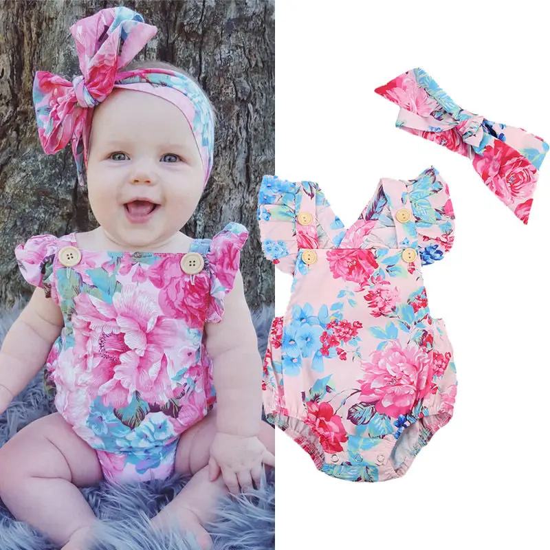 

Newborn Infant Baby Girls Summer Pretty Cute Bodysuits 2PCS Short Petal Sleeve Flowers Print Backless Jumpsuits+Headband