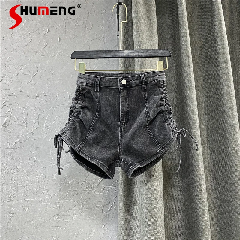 

Solid Color Pleating Slim fit Denim Shorts for Ladies 2021 Summer New High Waist Tight A- line Wide Leg Pants Women's