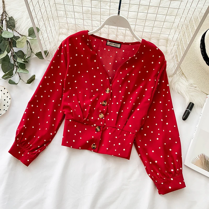 Женская однобортная блузка в горошек с v образным вырезом и длинным