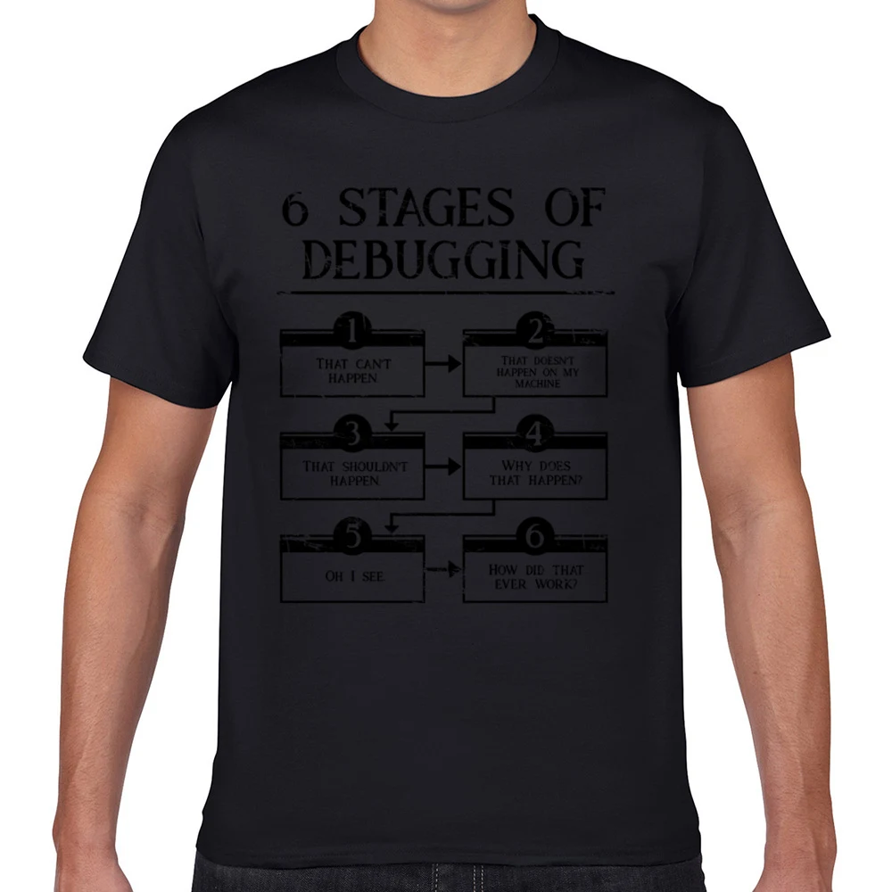 

Tops T Shirt Men 6 stages of debugging computer programming Comic Inscriptions Geek Cotton Male Tshirt