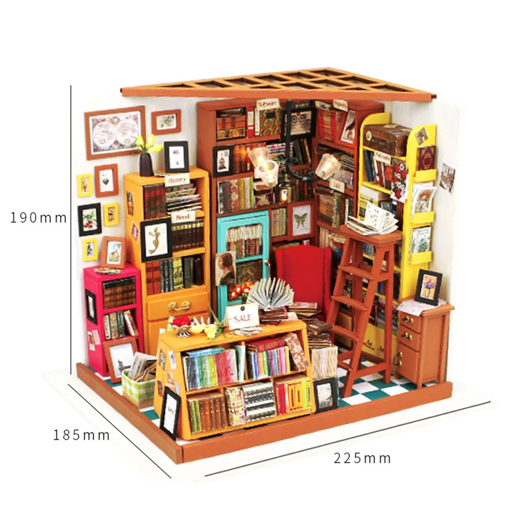 

Doll House Miniature DIY Dollhouse w/LED Light Wooden House Sam Bookstore for Kids Boys Girls Gifts Education Toys