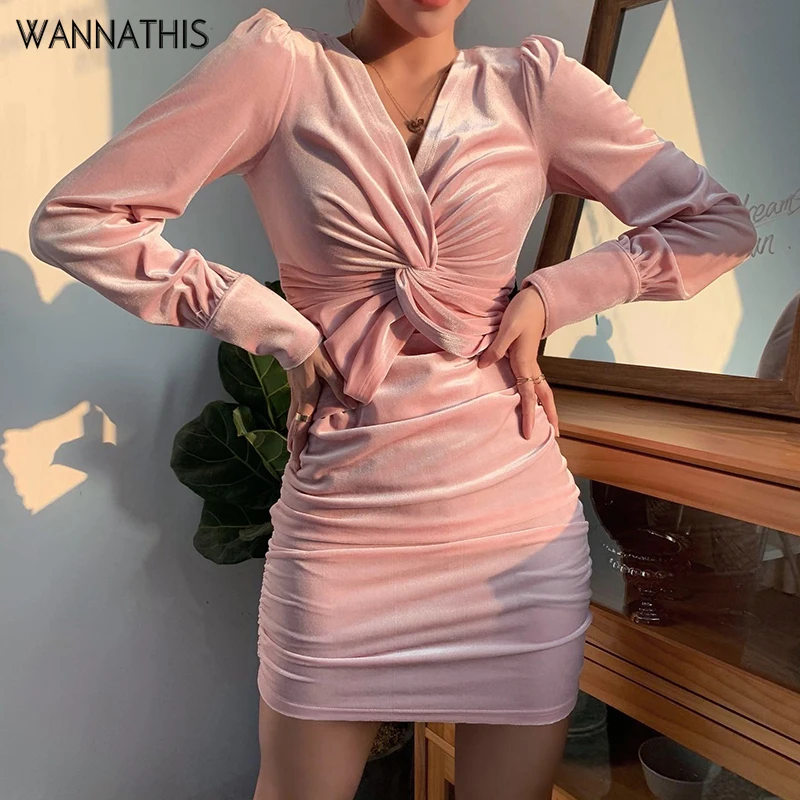

WannaThis Velvet Women's Dress Long Sleeve V-neck Autumn Cross Ruched Sexy Slim Bodycon Casual Elegant Streetwear Dress Women