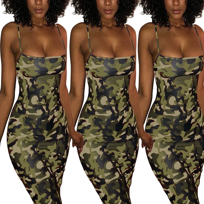 

Bodycon Dress Camouflage Yellow Sukienka Low Cut Ginger Color Dress Square Neck Grey Women Camo Green Slip Dress Straps Street