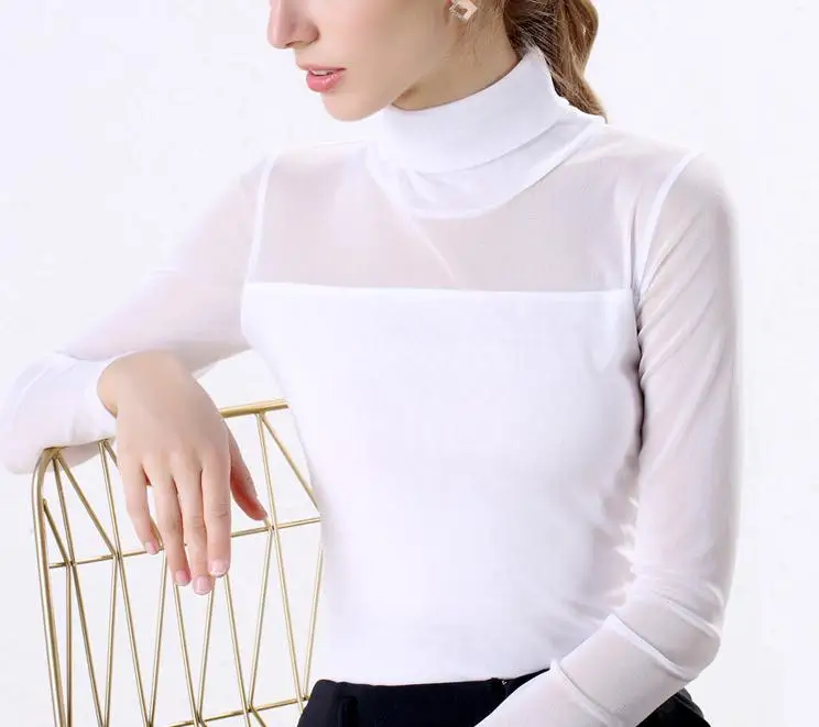 2019 весна осень черная сетка пэчворк Сращивание футболка женская с длинным