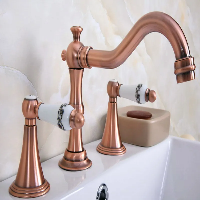 

Antique Red Copper Brass Deck Mounted Dual Handles Widespread Bathroom 3 Holes Basin Faucet Mixer Water Taps mrg071