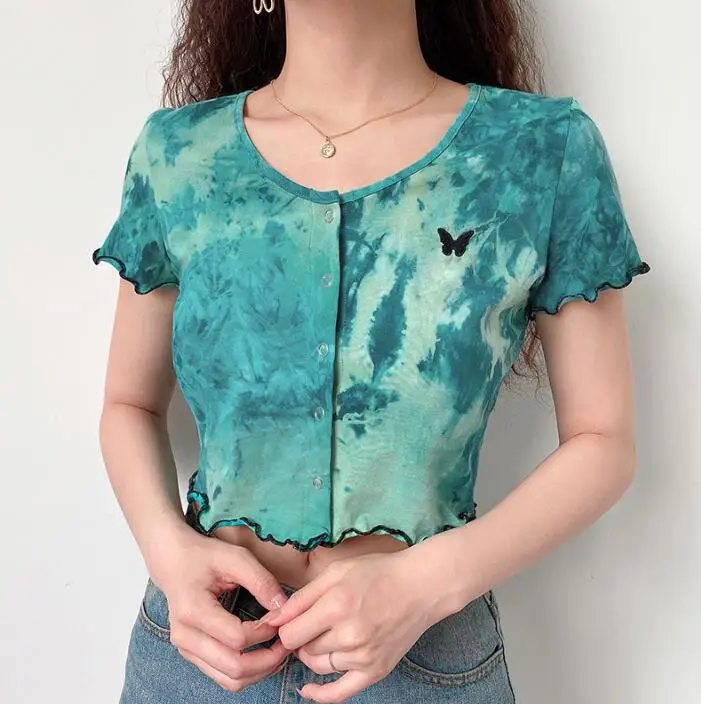 Летний Новый галстук-краска бабочка вышивка пупка кардиган футболка женская |