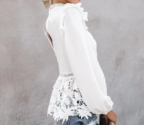 

Floral Lace Blouse Shirt Women Lantern Long Sleeve White Blouse Hollow Out Tops Blouse Blusa shirts