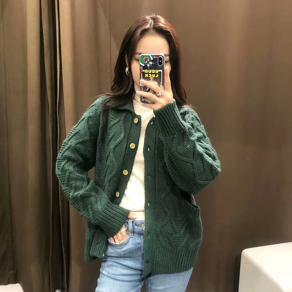 

2020 New Autumn Women's Sweater Solid Pockets Turn-Down Collar Long Sleeve Sweater Female Fashion Casual Women Clothes