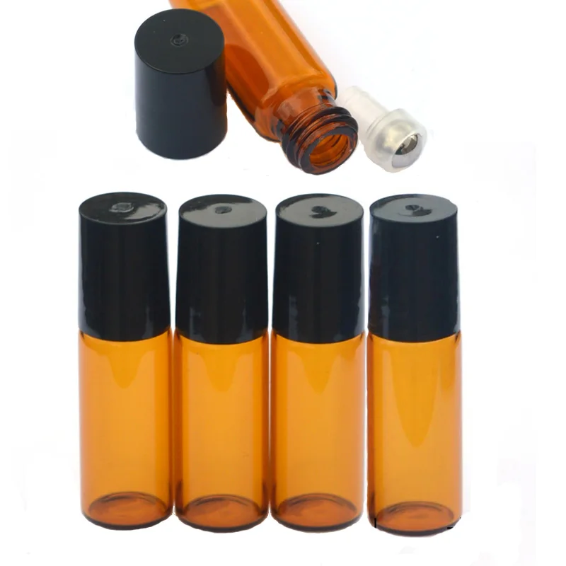 

200pcs 5ml Empty Amber Glass Roll Bottle Steel Roller Ball Liquids Perfume Essential Oils Sample Vial