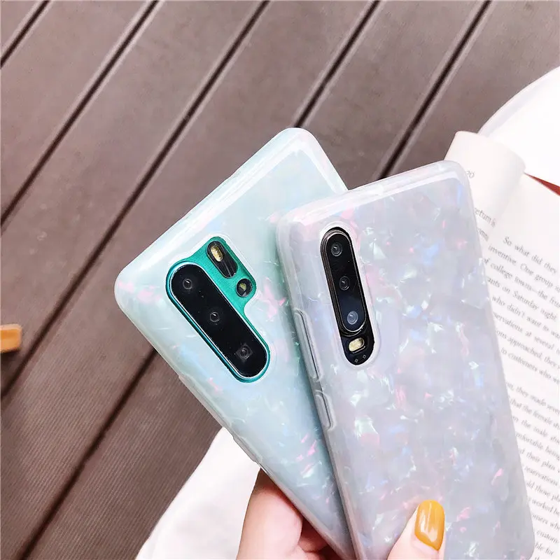 ELALA Glossy Marble Case For Samsung Galaxy Note 10 Plus Bling Conch Shell Epoxy Silicone Glitter Soft TPU Cover Pro |