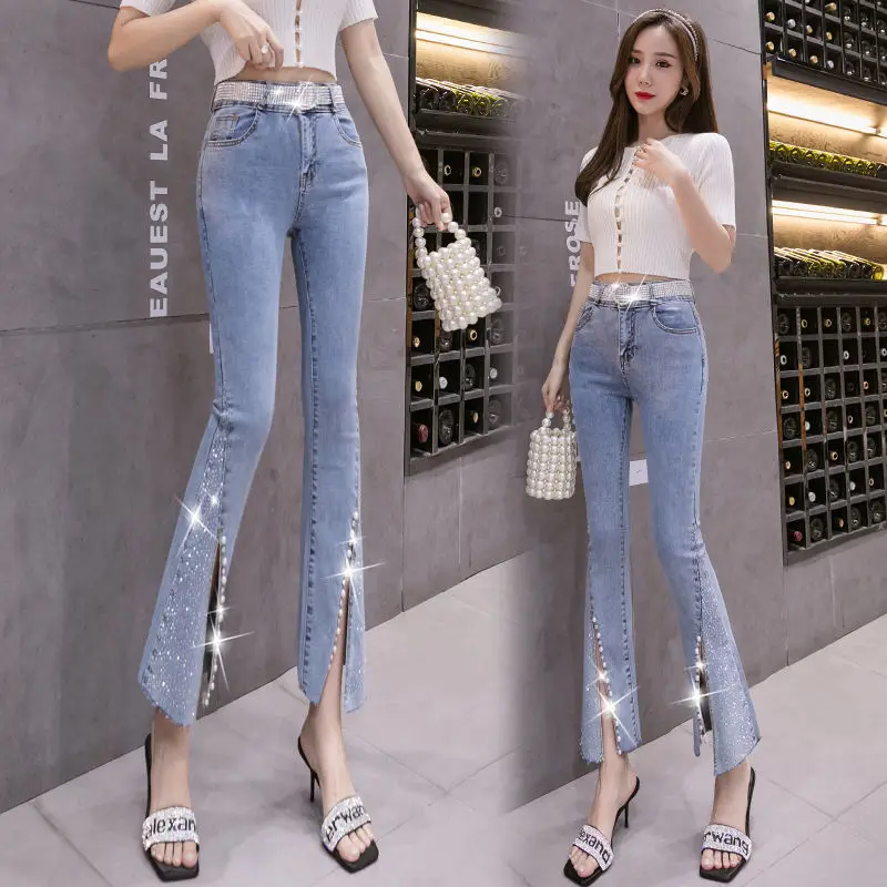 

2021 Spring Women Casual Rhinestones Jeans Flare Pant Front Side Slit Leg High Waisted Bell Bottom Sweet Long Denim Trousers X34