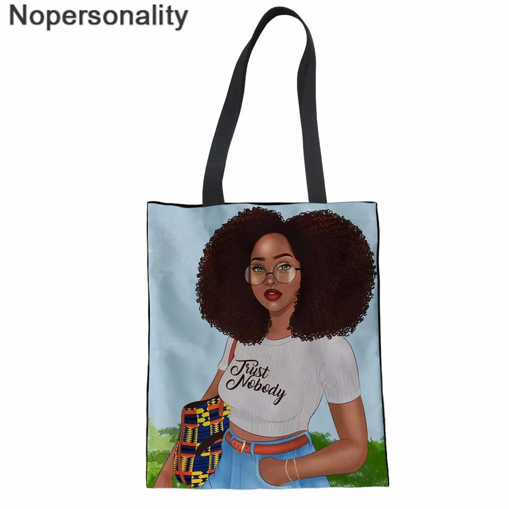 

Nopersonality Female Canvas Shoulder Bags Black Girls Print Shopping Bags Women Cloth Tote Eco Bag Lady Shopper Bags Customized