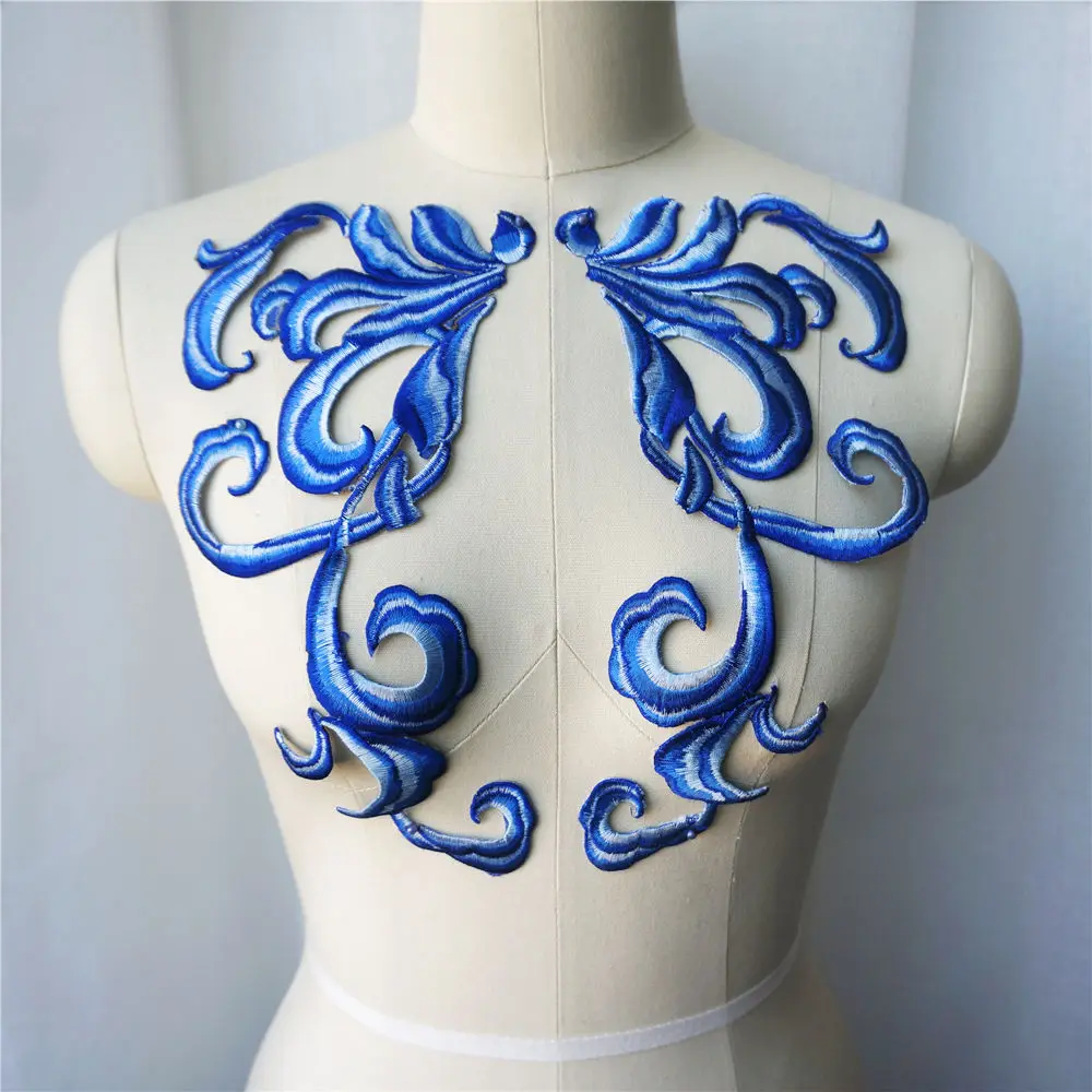 2PCS Blue Pink Orange Baroque Fabric Appliques Sew Iron On Patches Embroidered Collar For Wedding Gown Dress Decoration DIY | Дом и сад