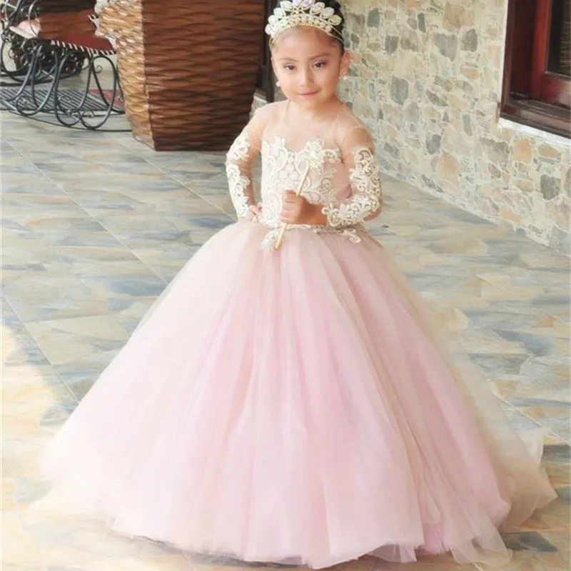 

Cute Blush Wedding Guest Dresses For Little Gilrs Pink Tulle Ivory Illusion Applique Long Sleeves Princess Flower Girl Dresses